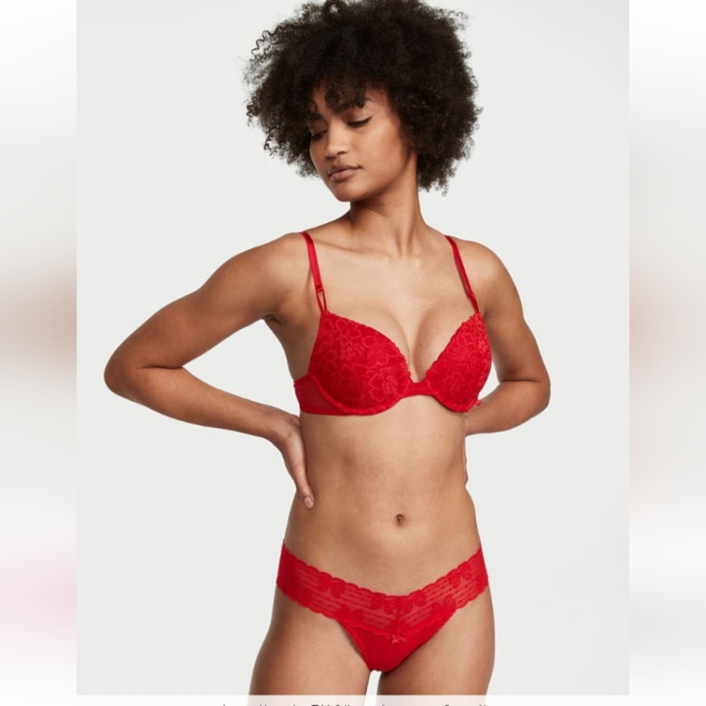 VS Lace Waist Cotton Pointelle Thong Panty Lipstick NWT NIP